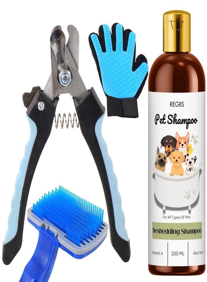 مجموعة ريجيس للعناية بالحيوانات الأليفة مع شامبو لإزالة الشعر الزائد، 200 مل، مجموعة قفازات وفرشاة احترافية للعناية بالحيوانات الأليفة، لجميع أنواع الحيوانات الأليفة (عبوة من 4 قطع) - Image 1